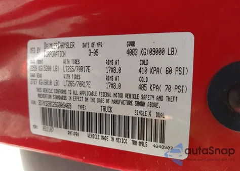 2005 Dodge Ram 2500 Slt/Laramie из США, поврежденный, VIN 3D7KS28C25G805469